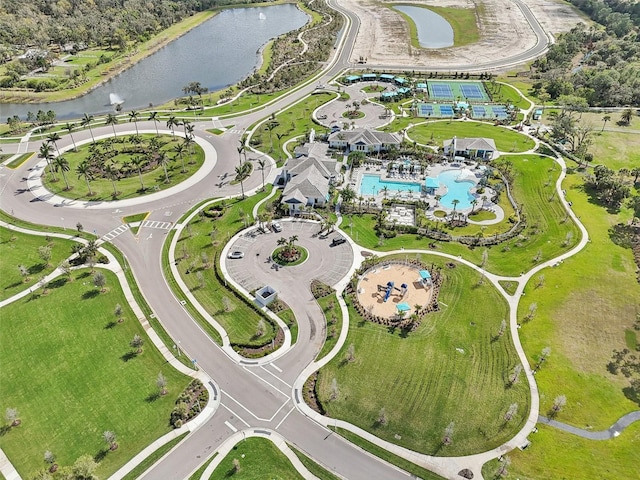 bird's eye view of a large body of water and a pool