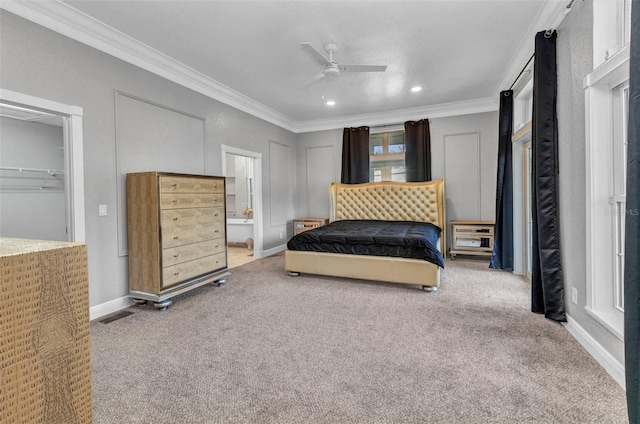 carpeted bedroom featuring crown molding, recessed lighting, baseboards, visible vents, and ceiling fan
