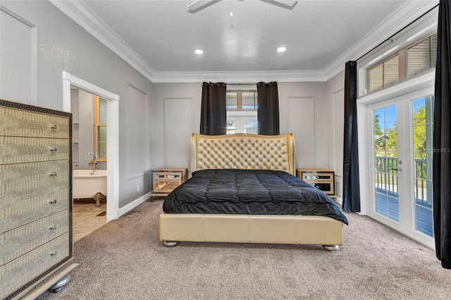 bedroom featuring connected bathroom, access to exterior, crown molding, ceiling fan, and carpet