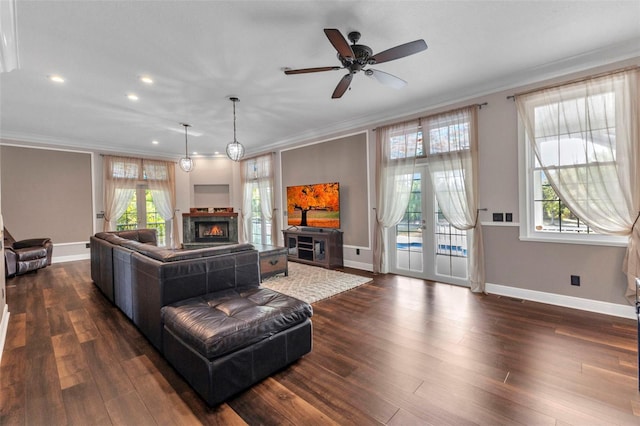 living room with dark wood finished floors, baseboards, a warm lit fireplace, and ornamental molding