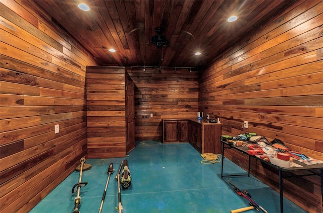 misc room with wooden walls, recessed lighting, wooden ceiling, and a sauna