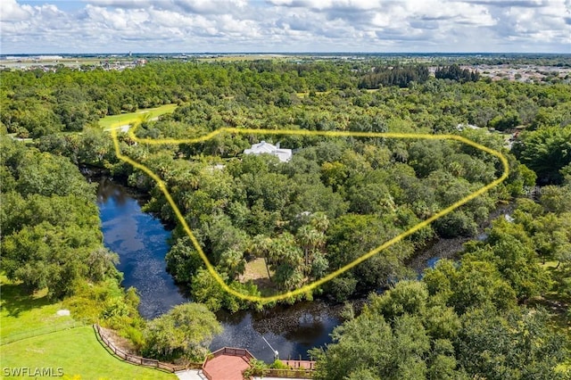 drone / aerial view with a wooded view and a water view