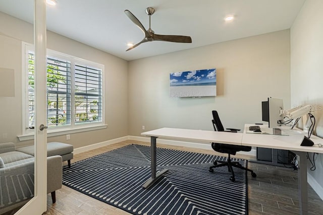 home office with a ceiling fan, wood finish floors, baseboards, and recessed lighting