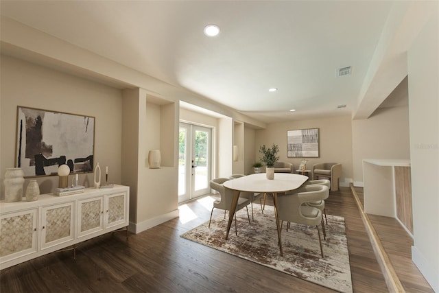 dining room featuring recessed lighting, visible vents, dark wood-type flooring, and french doors