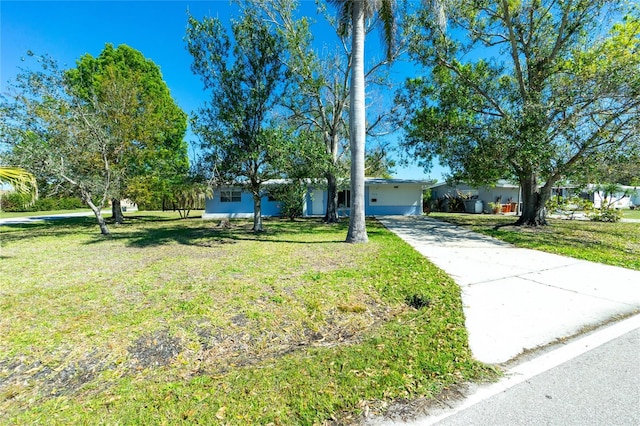 single story home with driveway and a front lawn