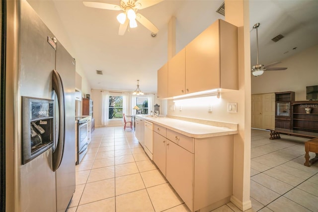 kitchen with light tile patterned floors, visible vents, ceiling fan, stainless steel appliances, and light countertops