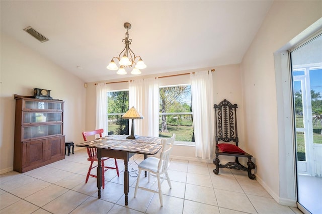 dining space featuring light tile patterned floors, baseboards, visible vents, an inviting chandelier, and vaulted ceiling