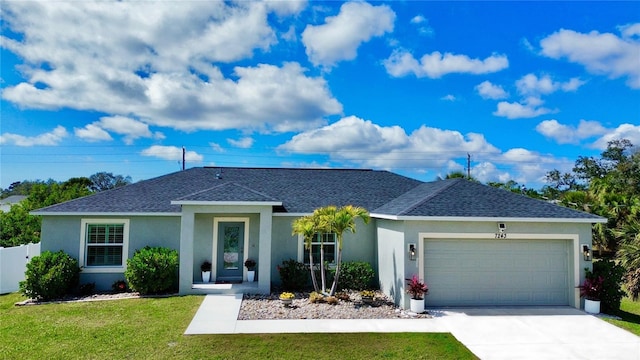 ranch-style house with a front yard, concrete driveway, an attached garage, and stucco siding