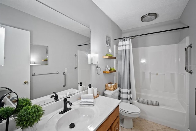 bathroom with shower / bathtub combination with curtain, toilet, vanity, a textured ceiling, and tile patterned flooring