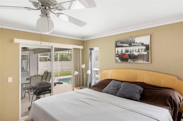 bedroom with crown molding, access to outside, and ceiling fan