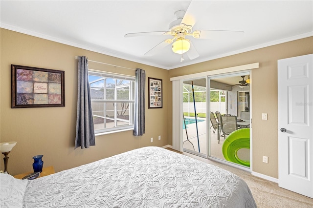 bedroom featuring ceiling fan, baseboards, carpet floors, ornamental molding, and access to outside