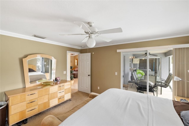 bedroom with visible vents, light carpet, crown molding, baseboards, and ceiling fan