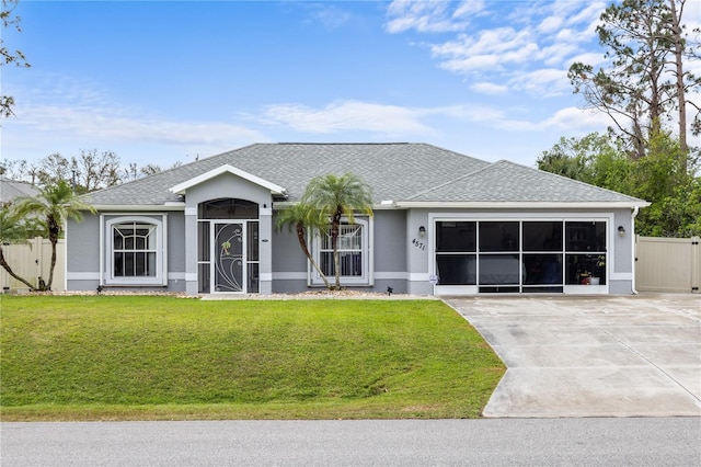 single story home featuring a garage, a front yard, concrete driveway, and roof with shingles