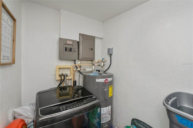 utility room featuring washer / clothes dryer, electric panel, and water heater