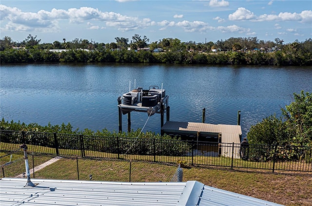 view of dock featuring a water view and fence