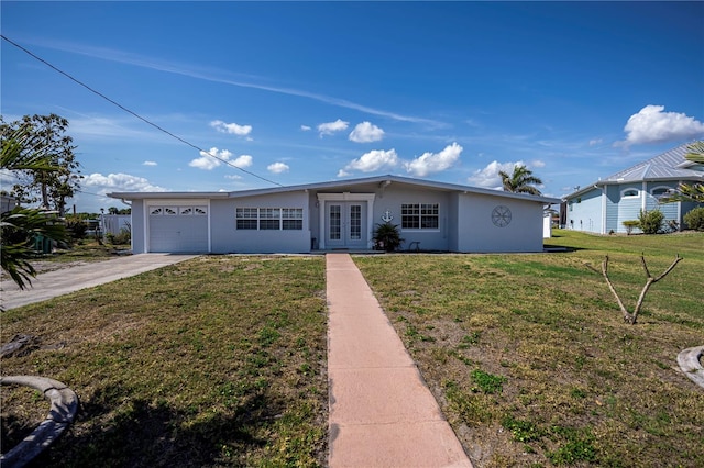 single story home with an attached garage, stucco siding, a front yard, and french doors