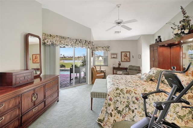 bedroom with visible vents, light colored carpet, lofted ceiling, a water view, and access to outside