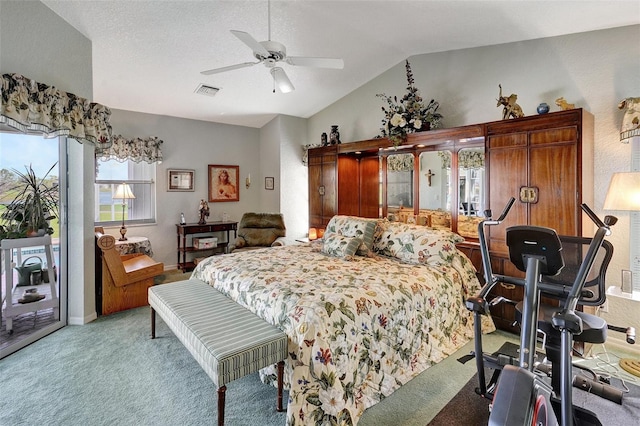 bedroom with light carpet, visible vents, a ceiling fan, access to exterior, and vaulted ceiling