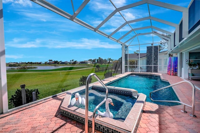 outdoor pool featuring a patio, a lanai, an in ground hot tub, a water view, and a lawn