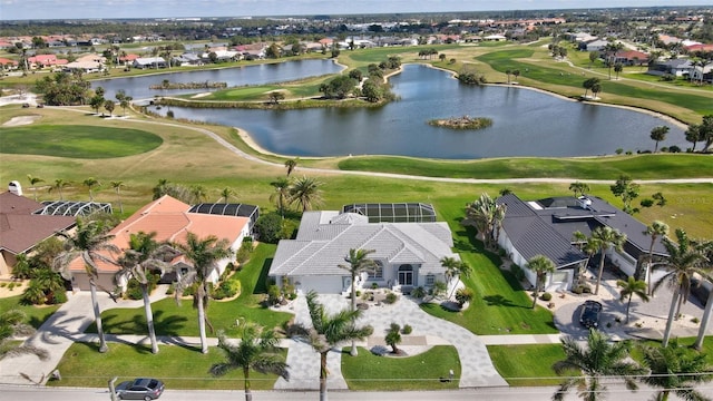 bird's eye view featuring a residential view, a water view, and golf course view