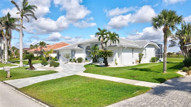 view of front of house featuring a tiled roof, decorative driveway, and a front yard