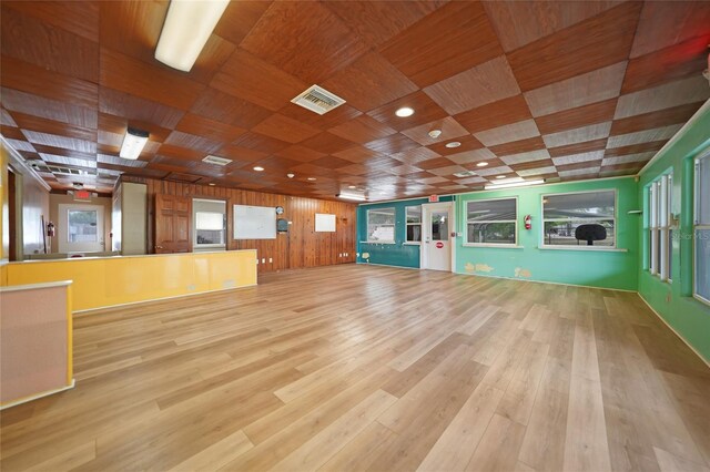 unfurnished living room featuring visible vents, wood finished floors, wood ceiling, and wooden walls