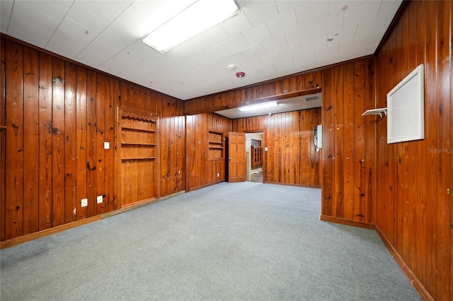 carpeted spare room with wooden walls and baseboards