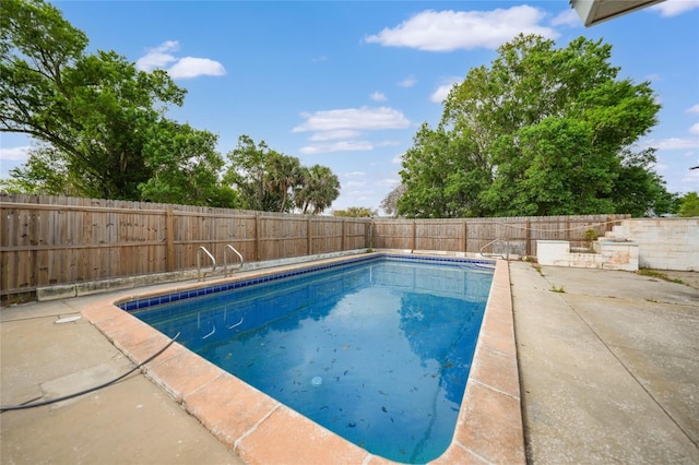 view of pool featuring a fenced backyard, a fenced in pool, and a patio