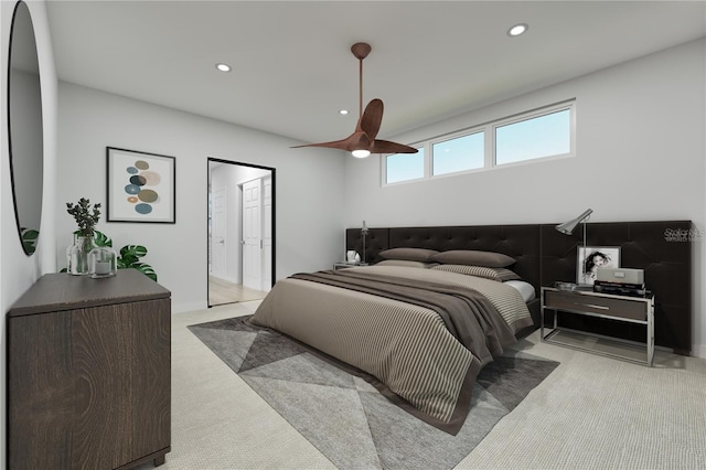 carpeted bedroom featuring a ceiling fan and recessed lighting