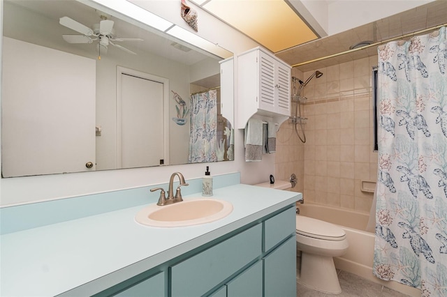 full bathroom featuring shower / bath combo, toilet, ceiling fan, tile patterned flooring, and vanity