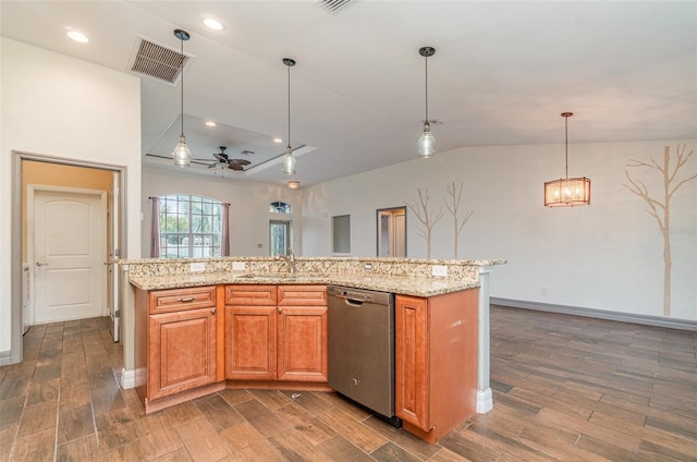 kitchen with light stone counters, wood finish floors, visible vents, stainless steel dishwasher, and a sink