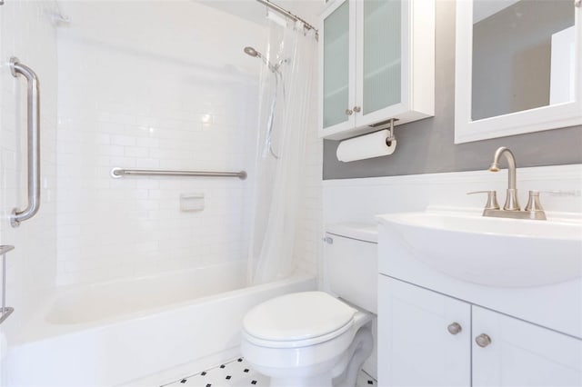 full bath with vanity, shower / bath combination with curtain, and toilet