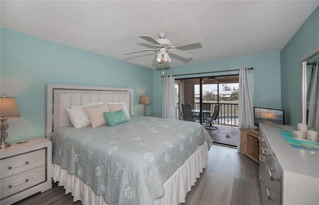 bedroom with access to outside, ceiling fan, and wood finished floors