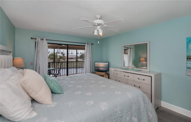 bedroom with a ceiling fan, access to outside, baseboards, and wood finished floors