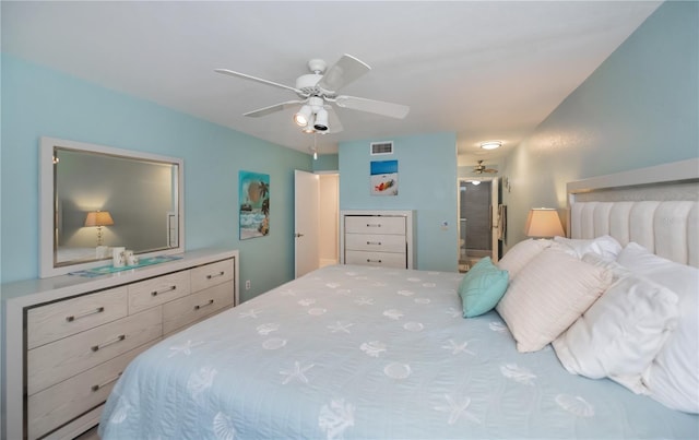 bedroom with a ceiling fan, visible vents, and connected bathroom