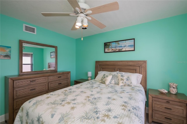 bedroom with visible vents and a ceiling fan