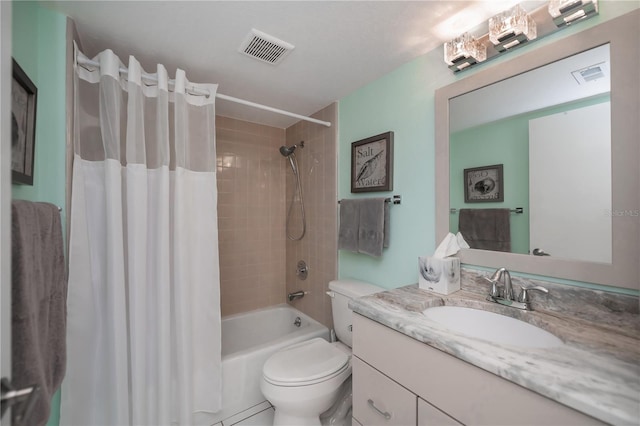 full bathroom with toilet, visible vents, shower / tub combo with curtain, and vanity