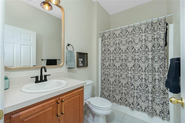 full bathroom with toilet, tile patterned flooring, a shower with shower curtain, and vanity