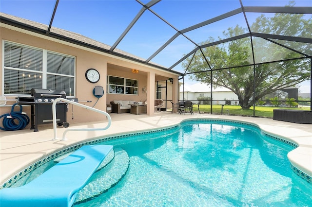 pool with glass enclosure, outdoor lounge area, a patio area, and a grill