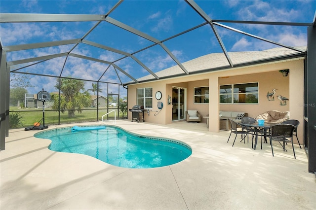 outdoor pool with a lanai, a grill, a patio, and an outdoor living space