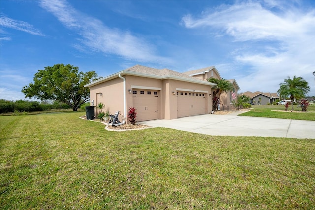 view of property exterior with concrete driveway, a yard, an attached garage, and stucco siding