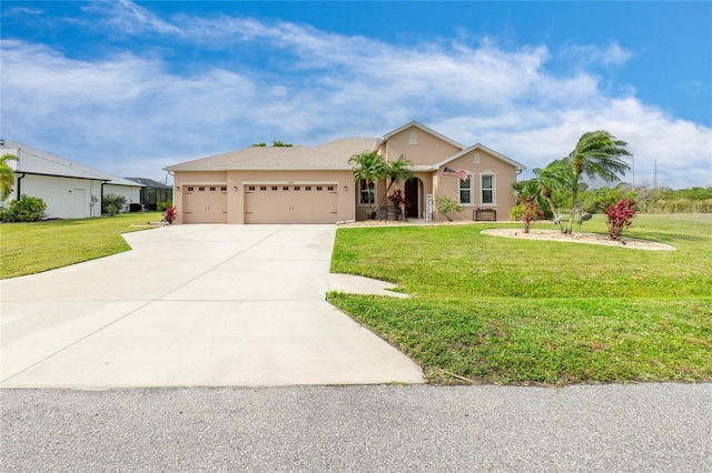 ranch-style house featuring a front yard, driveway, an attached garage, and stucco siding