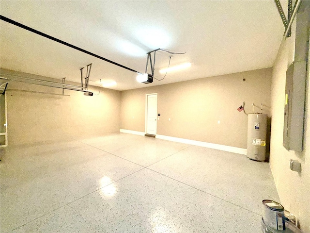 garage featuring a garage door opener, water heater, and baseboards