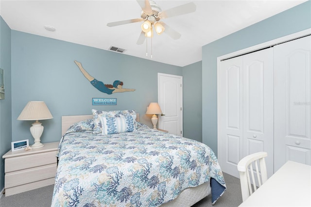 bedroom with a ceiling fan, a closet, and visible vents