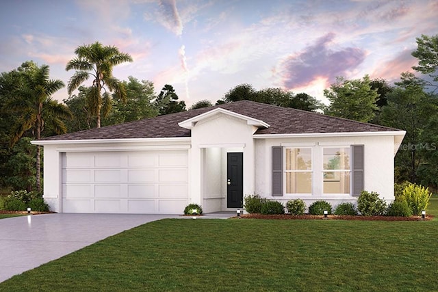 ranch-style house featuring an attached garage, a shingled roof, concrete driveway, stucco siding, and a front yard