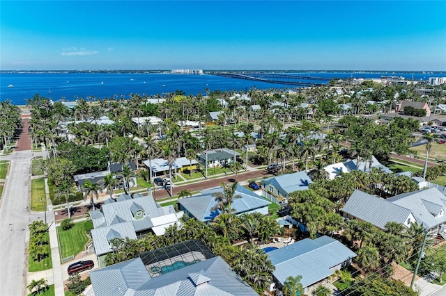 aerial view with a water view and a residential view