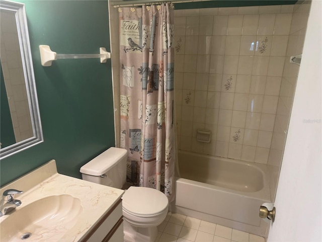 full bath with vanity, shower / bath combination with curtain, toilet, and tile patterned floors