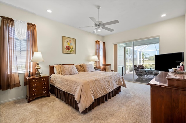 bedroom featuring access to outside, recessed lighting, and light colored carpet