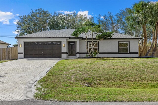 view of front of property with an attached garage, fence, a front lawn, and stucco siding