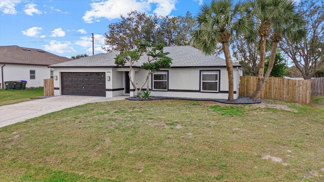 ranch-style house with driveway, stucco siding, an attached garage, fence, and a front yard